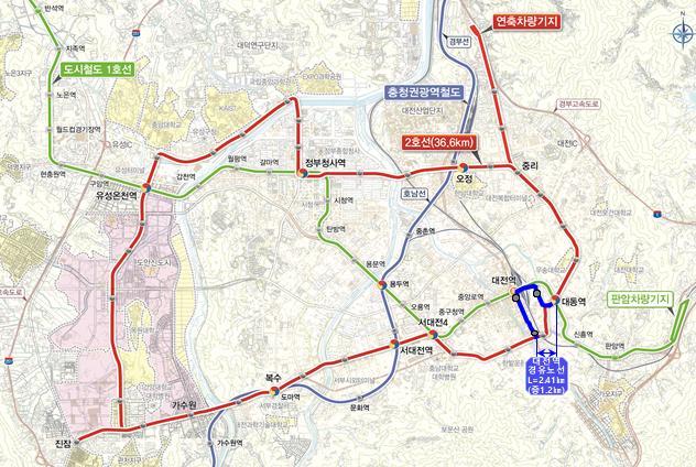 대전 도시철도 2호선 트램 변경 노선도. 파란색 부분이 대전역을 경유하도록 변경되는 부분이다. 대전시 제공