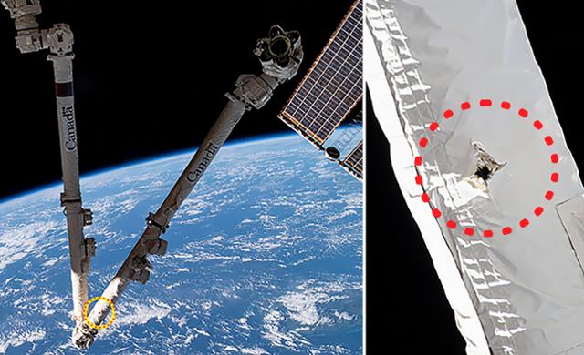 캐나다우주국(CSA)이 국제우주정거장에 부착된 로봇팔 '캐나담2(Canadarm2)'를 정기검사하던 중 우주쓰레기 파편에 구멍이 생긴 것을 발견했다고 밝혔다. 캐나다우주국(CSA) 블로그 캡처