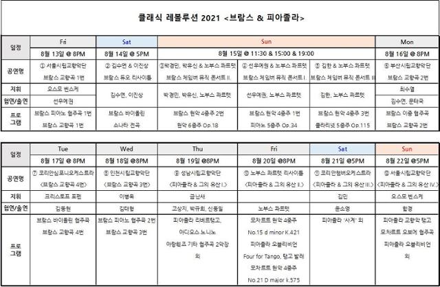 8월에 개최되는 '클래식 레볼루션 2021' 일정표. 롯데문화재단 제공