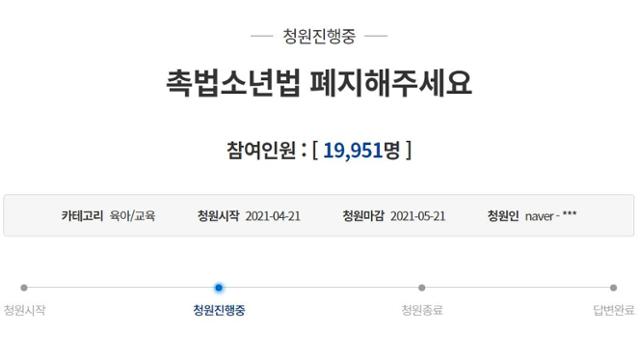 5월 21일 청와대 국민청원 게시판에 '촉법소년법을 폐지해주세요'란 제목의 청원 글이 올라왔다. 청와대 국민청원 캡처