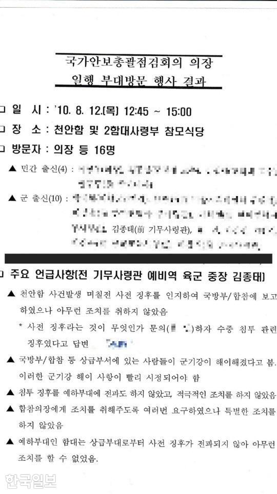 군 당국이 천안함 피격에 앞서 북한의 공격 징후를 사전에 파악했다는 정황이 담긴 내부 문건 사진. 최원일 전 천안함장 제공.