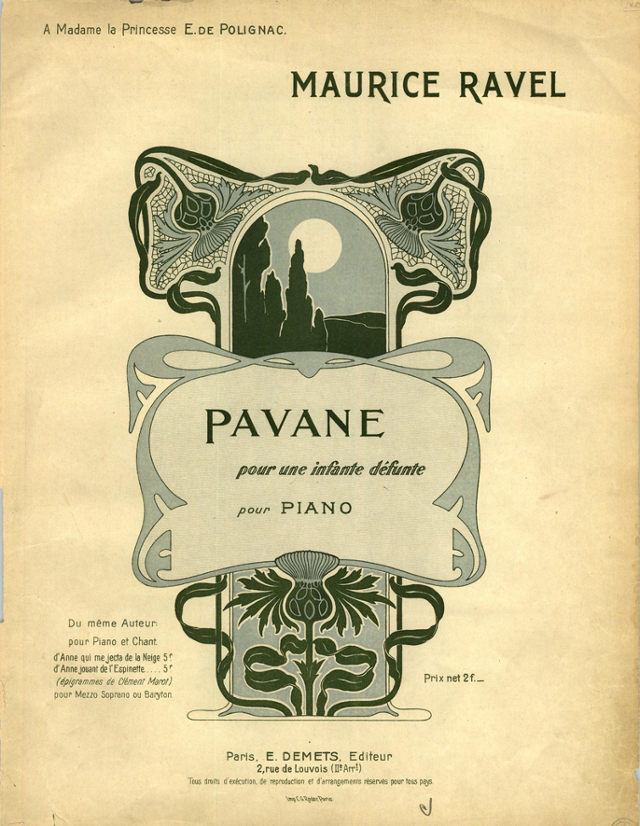 1899년 피아노곡으로 작곡된 라벨의 '죽은 왕녀를 위한 파반느' 악보 표지 왼쪽 위편에는 '폴리냑 부인에게(A Madame la princess E. DE POLIGNAC)'라는 문구가 쓰여 있다.