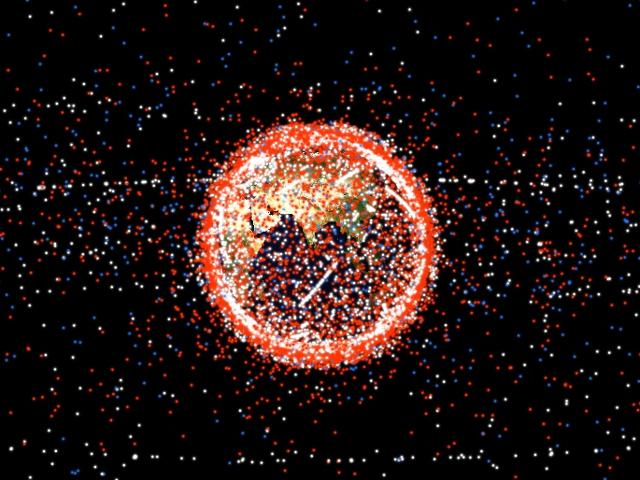 지구 주변의 인공우주물체들을 나타낸 3D 그래픽 이미지. 흰 점은 인공위성, 붉은 점과 파란 점은 모두 우주 쓰레기다. 한국천문연구원, 갈매나무 제공