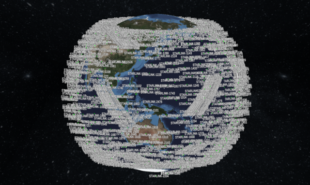 올해 5월 기준 지구 상공에 떠 있는 1670여 개의 스타링크 인공위성을 표시한 사진. 갈매나무 제공