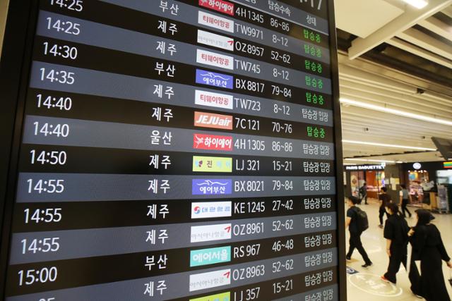 지난 4일 오후 서울 강서구 김포국제공항 국내선청사 안내판에 항공편별 탑승 진행 상태가 표시돼 있다. 뉴스1