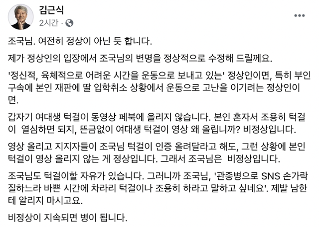 김근식 경남대 교수가 턱걸이 영상을 올린 조 전 장관을 비판하며 자신의 페이스북에 올린 글. 김근식 페이스북 캡처