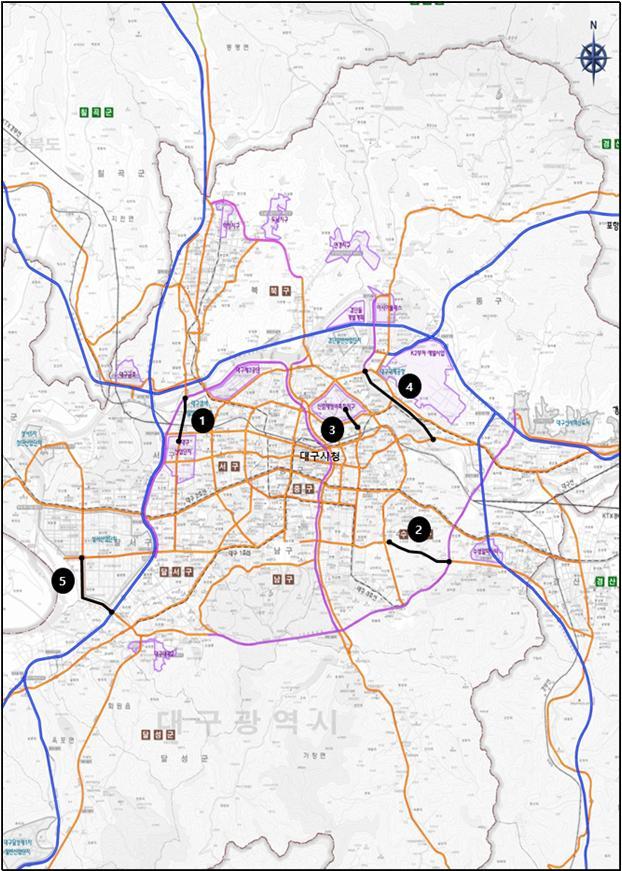 제4차 대도시권 교통혼잡조로 개선계획에 반영된 대구지역 5개 구간 지도.