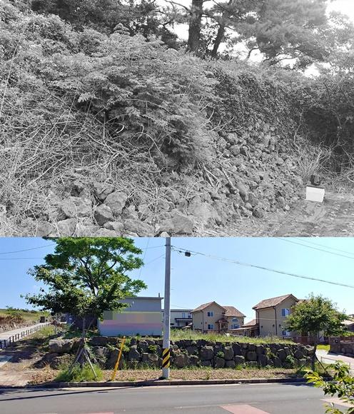 제주 4·3 중요 유적 중 하나인 제주시 한림읍 상대리 '뒷골장성'(사진 위) 자리에 도로와 주택(사진 아래)이 들어서 있다. 제주4·3연구소 제공