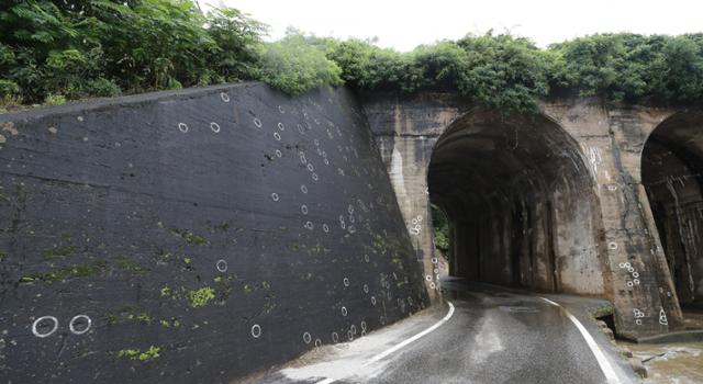 노근리 사건 70주년을 맞아 첫 정부 주도 기념식이 열린 가운데 29일 오전 충북 영동군 ‘노근리 사건' 현장인 쌍굴터널에 총탄의 흔적이 남아있다. 영동=뉴스1