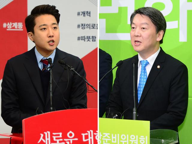 2016년 20대 총선에서 노원병 지역구에 출마한 안철수 국민의당 인재영입위원장, 이준석 새누리당 전 비상대책위원. 한국일보 자료사진