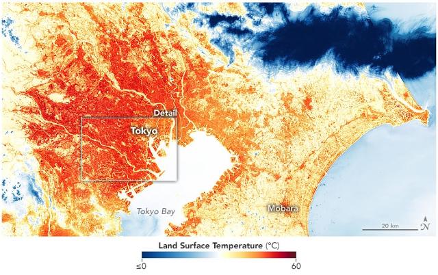 미국 항공우주국(NASA·나사)이 2019년 8월 공개한 일본 도쿄의 표면 온도. 홈페이지 캡처