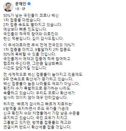 문재인 대통령은 21일 SNS를 통해 "50%가 넘는 국민들이 코로나 백신 1차 접종을 마쳤다. 2차 접종 속도도 빨라지고 있다. 예상보다 빠른 진도"라며 "방역을 접종률의 제고와 연결해 반드시 확산세를 잡을 것"이라고 말했다. 문재인 대통령 페이스북 캡처.