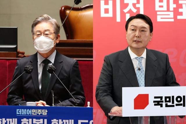 더불어민주당 이재명(왼쪽 사진) 대선 경선 후보가 26일 국회에서 열린 2021년 정기국회 대비 국회의원 워크숍에서 인사말을 하고 있다. 국민의힘 윤석열 대선 예비후보가 전날 서울 여의도 당사에서 열린 ‘국민 약속 비전 발표회’에서 발표하고 있다. 뉴스1·연합뉴스