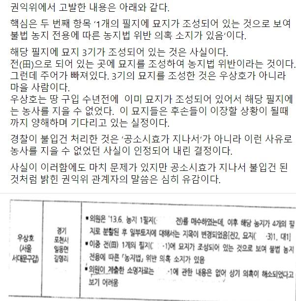 우상호 민주당 의원이 권익위 관계자의 공소시효 발언을 반박하며 올린 페이스북 글. 처음 자신의 농지법 위반 의혹을 제기한 국민권익위원회의 조사 자료를 첨부했다. 페이스북 캡처