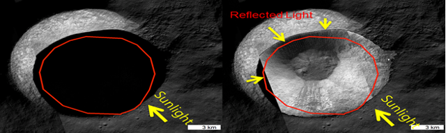 오른쪽이 섀도우캠으로 촬영한 달 극지역 분화구 예상 모습. 분화구가 선명하게 잘 보인다. 과기정통부 제공