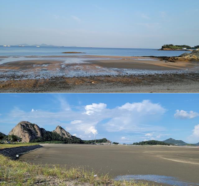 윗줄은 전북 부안의 격포해수욕장에서 보는 적벽강과 그 위의 죽막동(오른쪽 상단). 왼쪽은 고군산군도. 아랫줄은 선유도 망주봉(왼쪽 돌산) 앞 개펄. 망주봉 주변에 행궁, 관아, 군산정 등의 건물이 있었다.