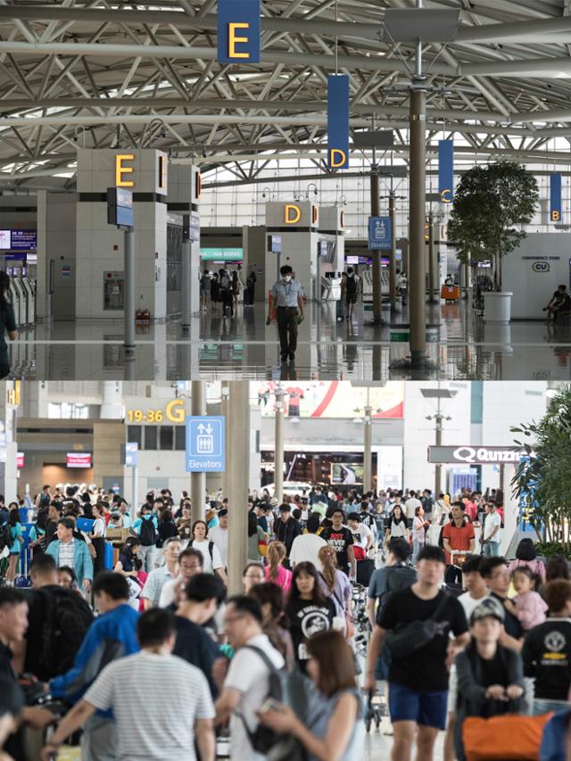 신종 코로나바이러스 감염증(코로나19) 4차 대유행이 이어진 지난달 3일 인천국제공항 제1여객터미널 출국장이 한산한 모습을 보이고 있다. 아래 사진은 하루 최다 이용객(22만1,231명)을 기록한 2018년 8월 5일 인천공항 모습. 뉴스1