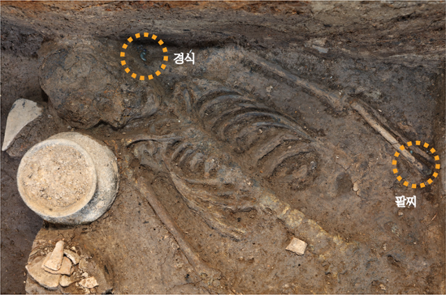 경주 월성 성벽에서 올해 추가로 발견된 20대 성인 여성의 인골. 유리구슬을 엮은 목걸이, 팔찌를 착용한 채로 발견됐다. 문화재청 국립경주문화재연구소 제공