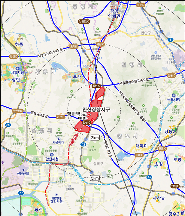 안산장상지구와 신안산선 신설역 장하역 위치도. 한국토지주택공사 제공