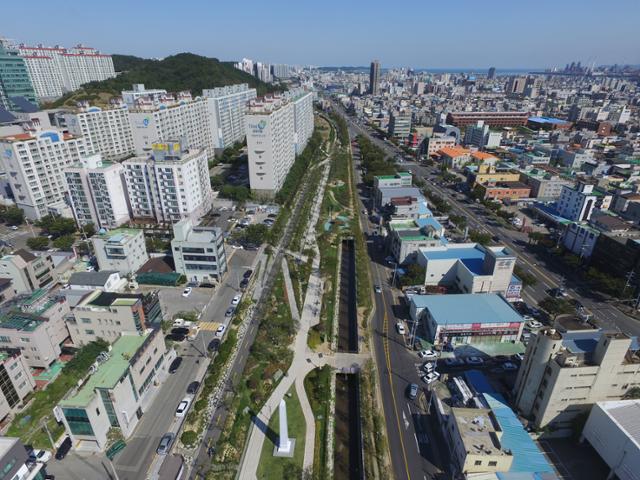 하늘에서 본 경북 포항의 철길 숲 '그린웨이(Green way)' 모습. 옛 동해선 6.6㎞ 구간을 공원과 자전거 길, 산책로로 꾸몄다. 포항시 제공