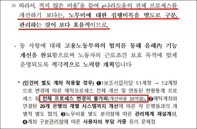 기획재정부는 ‘e-나라도움’ 시스템 개편 계획을 묻는 송옥주 의원실의 질의에 위와 같은 답변서를 제출했다. 개선비용이 20억 원이 든다는 이유 등으로 개편이 어렵다는 것이다. 송옥주 의원실 제공