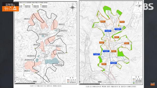 대장동 아파트 개발 부지. 왼쪽 사진의 분홍색, 하늘색으로 표시된 부분이 모두 문화재 산포지인데 하늘색으로 표시된 지역만 발굴조사를 진행했다. 오른쪽 사진의 초록색은 원형보존녹지지역으로 지정된 곳이다. '김현정의 뉴스쇼' 유튜브 캡처
