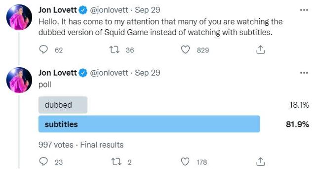 "오징어 게임을 더빙으로 봤나, 자막으로 봤나"는 질문을 던진 팟캐스트 운영자 존 로베트의 트윗. 80% 넘는 팔로어들이 '자막'을 택했다. 트위터 캡처
