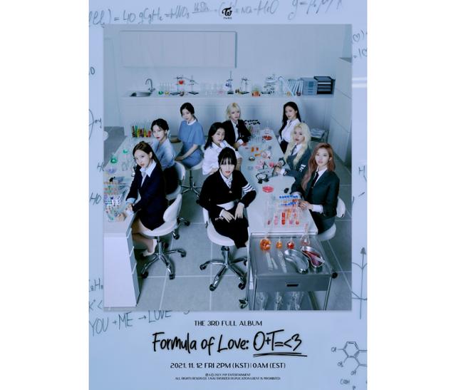 그룹 트와이스가 정규 3집 'Formula of Love: O+T=<3'(포뮬러 오브 러브: O+T=<3)로 컴백한다. JYP엔터테인먼트 제공