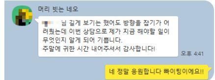 방탄소년단 팬인 '머리 빗는 네오'가 국제기구와 일하는 김모씨에게 온라인으로 국제기구 경력 개발 관련 상담을 받고 감사 인사를 전하고 있다. 카카오톡 캡처 사진=김씨 제공