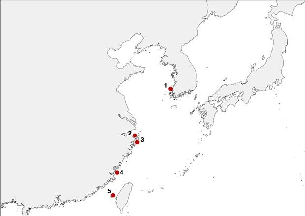 1. 육산도 2. 우즈산섬(Wuzhishan) 3.지우산섬(Jiushan) 4. 마츠섬(Matzu) 5. 펑후섬(Penghu). 국립생태원 제공