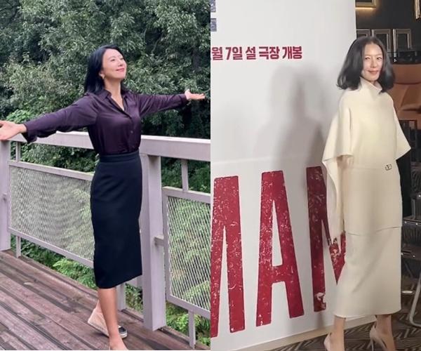  Kim Hee-ae showcased midi skirt fashion on multiple occasions. Captured from Kim's social media