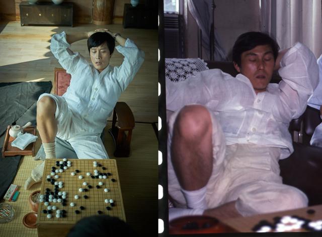 A scene from “The Match,” left, shows Cho Hun-hyun during a game, alongside a real-life image of the go master. Courtesy of By4M Studio