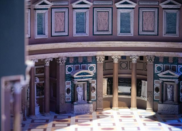 Lights illuminate the Parthenon exhibit in the Italian Pavilion of Nowon Train Village at Hwarangdae Railroad Park in Seoul. Hankook Ilbo