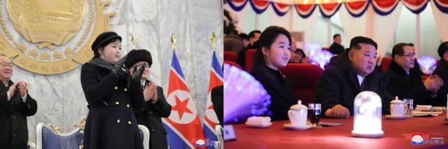 In the left photo, Kim Ju-ae attends the 75th anniversary military parade marking the Korean People’s Army Foundation Day in 2023, while in the right photo, she is seated alongside her father, North Korean leader Kim Jong-un, at a New Year's celebration in January 2025. Korean Central News Agency